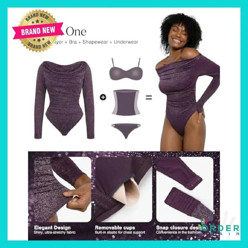 Sparkly Long Sleeve Bodysuit Off Shoulder Tummy Control Shapewear Chic